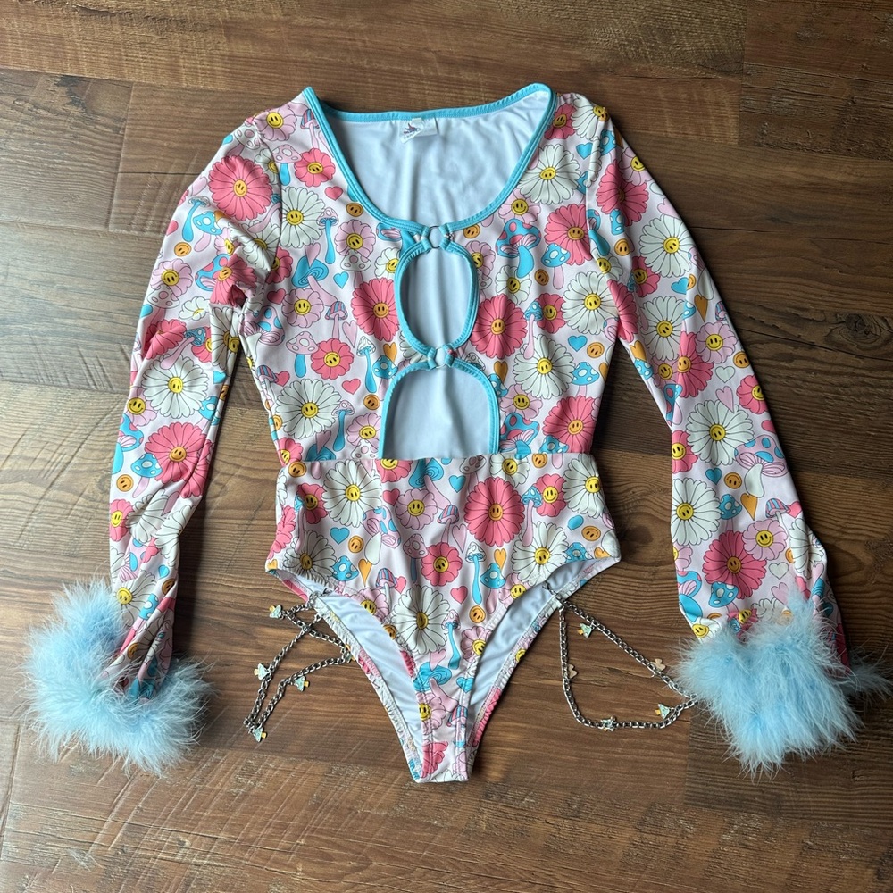 Trippy Floral Mushroom Rave Bodysuit
